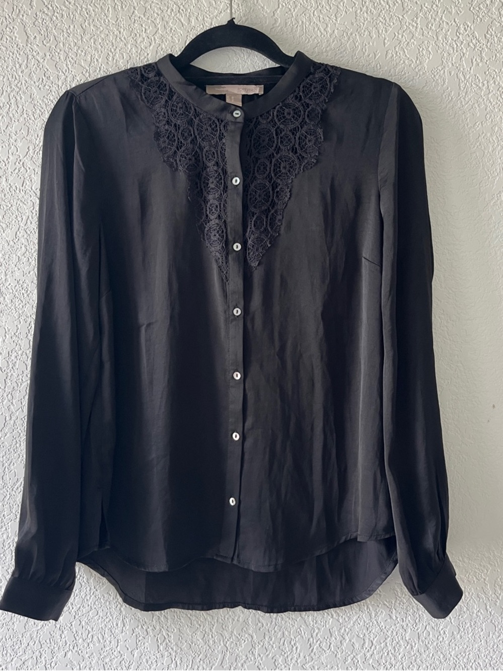 Lace-Trim Button Front Women's Top - Black medium